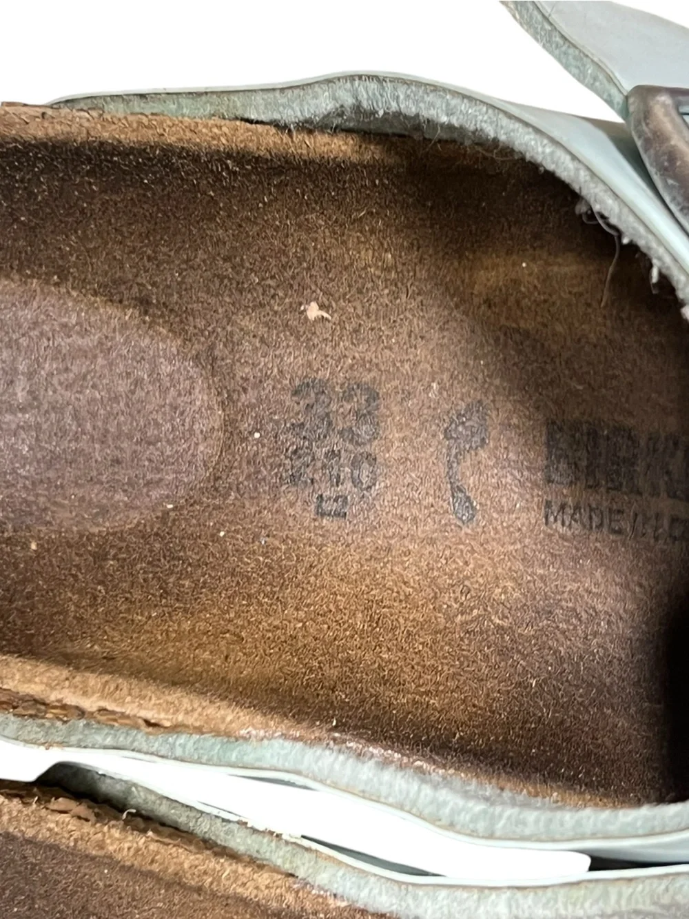 Birkenstock Arizona light blue patent leather two strap sandals